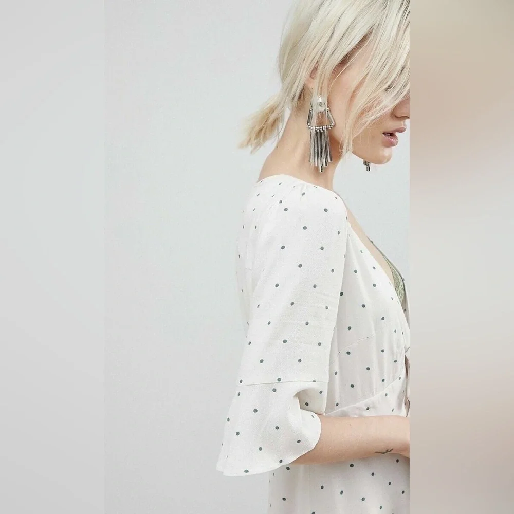 Free People All Yours Polka Dot Cream Combo Flutter Sleeve Deep V Mini Dress 12